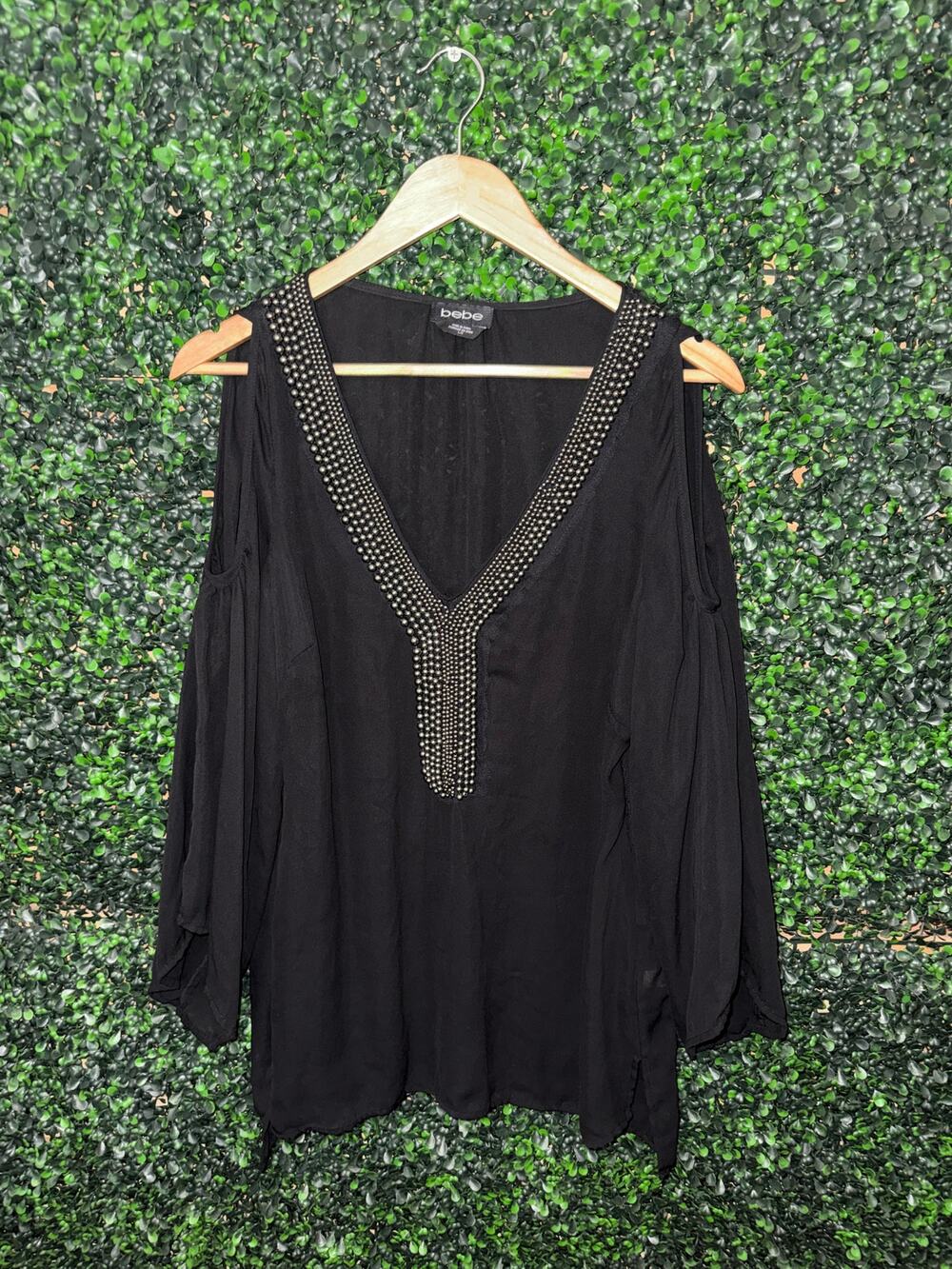 Bebe, Black Beaded Neckline, Open Shoulder, Long Sleeve Blouse Women’s Size L